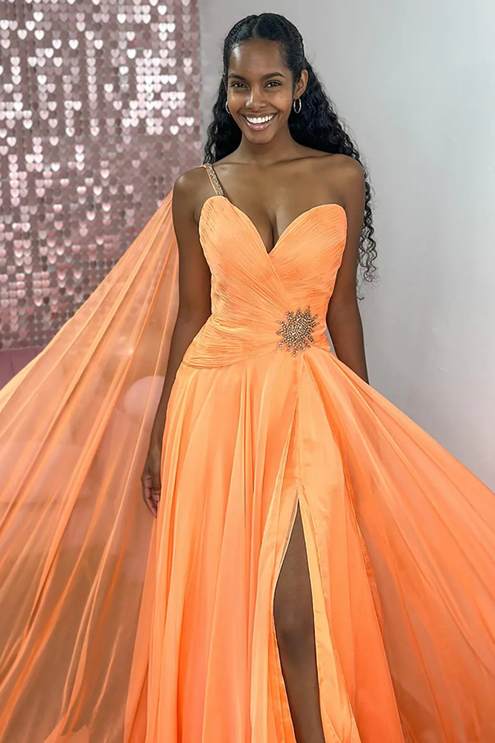 Sparkly Orange One Shoulder A-Line Long Prom Dress with Cape