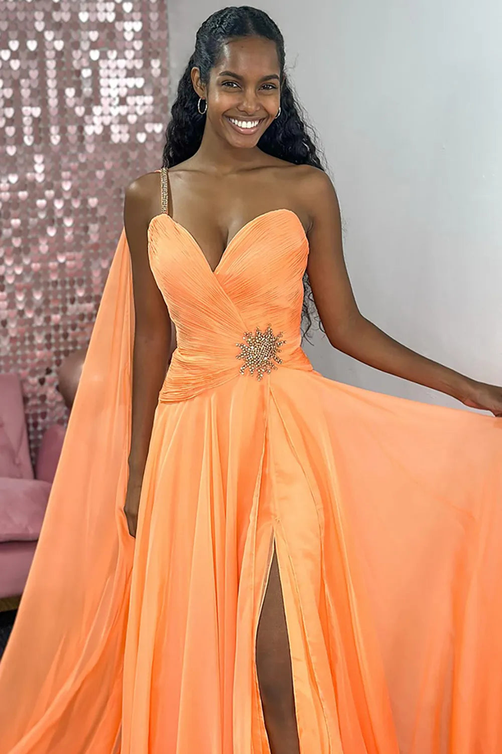 Sparkly Orange One Shoulder A-Line Long Prom Dress with Cape
