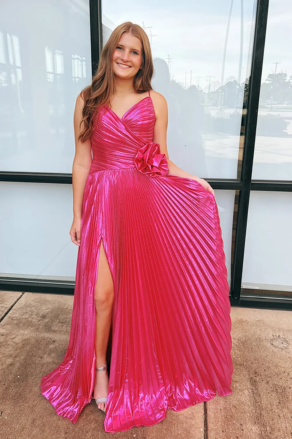 Fuchsia Spaghetti Straps A-Line Pleated Long Prom Dress with Slit