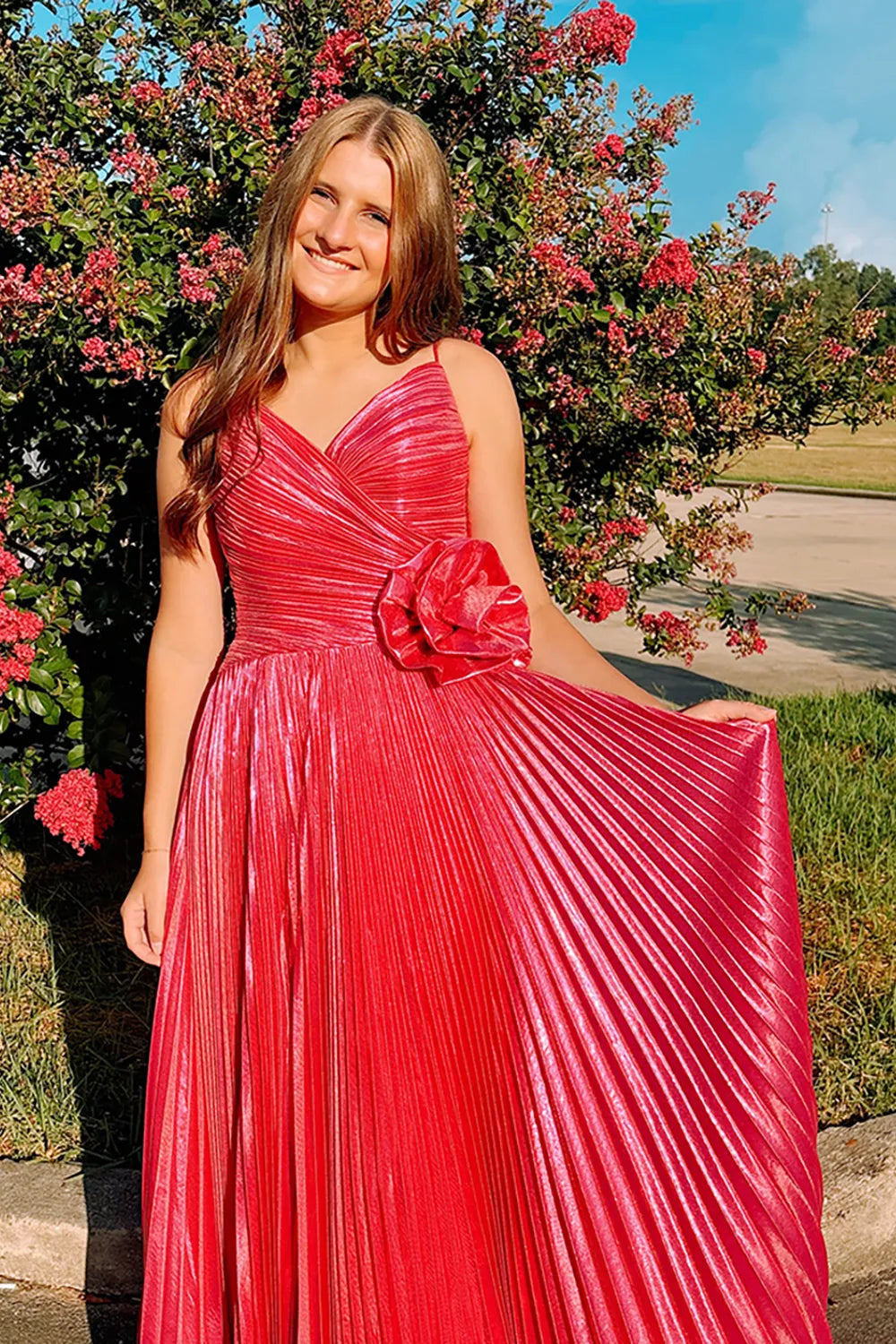 Fuchsia Spaghetti Straps A-Line Pleated Long Prom Dress with Slit