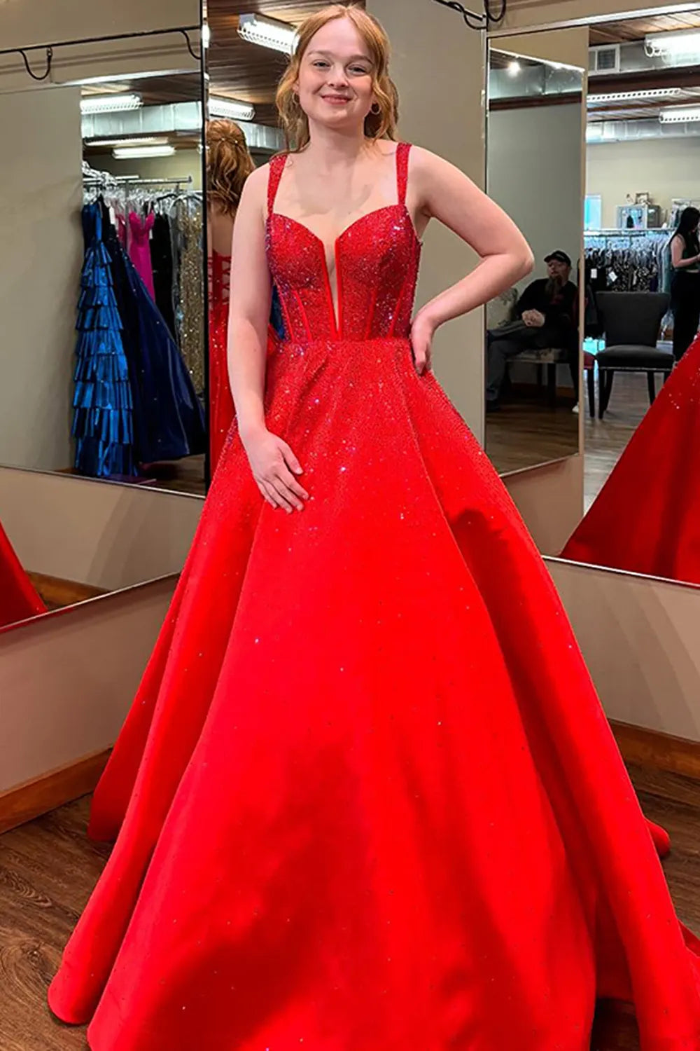 Sparkly Red Square Neck A-Line Beaded Long Corset Prom Dress