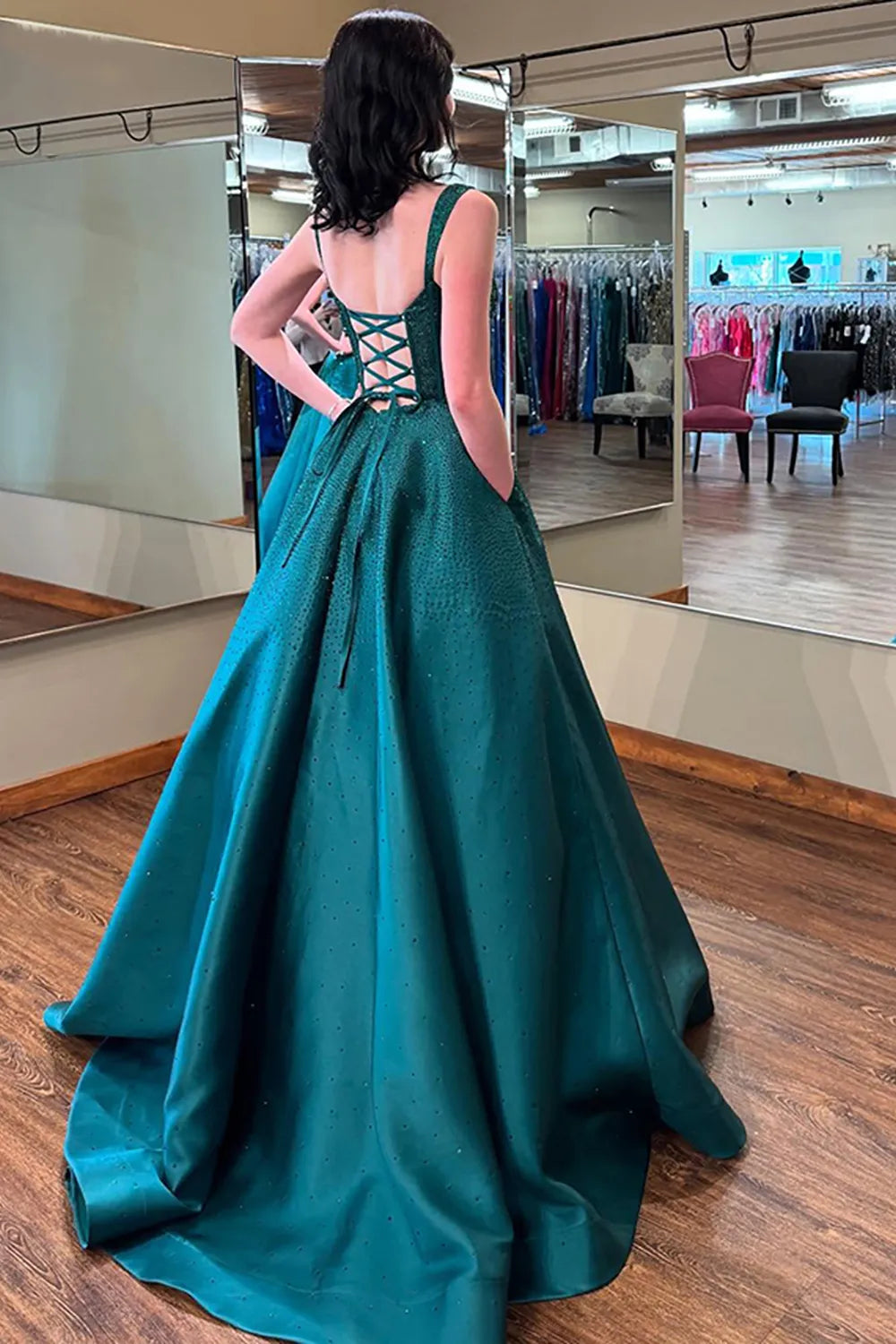Sparkly Red Square Neck A-Line Beaded Long Corset Prom Dress
