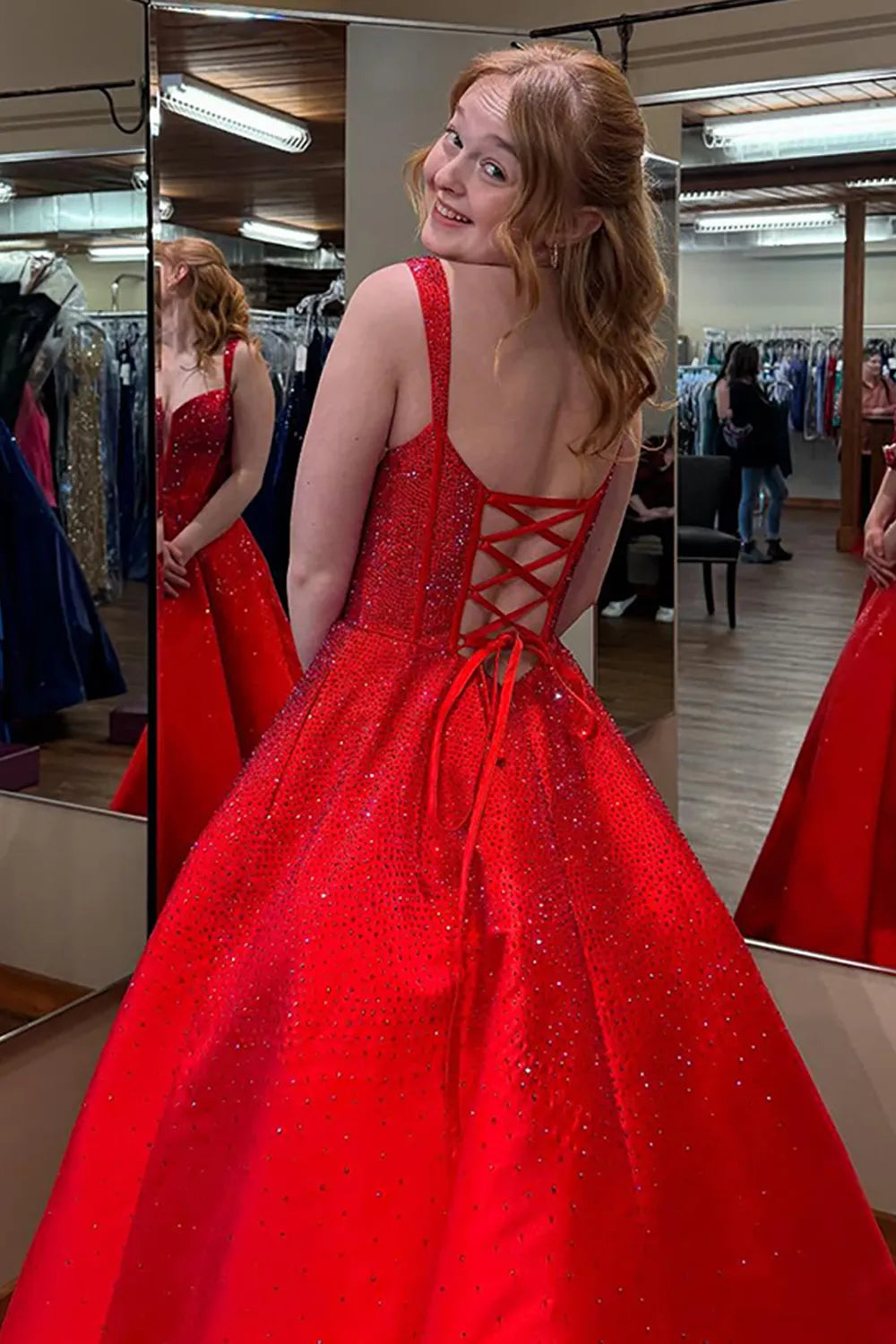 Sparkly Red Square Neck A-Line Beaded Long Corset Prom Dress