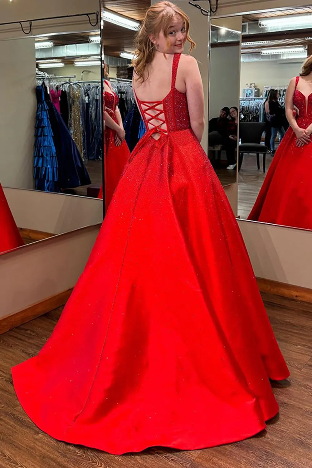 Sparkly Red Square Neck A-Line Beaded Long Corset Prom Dress
