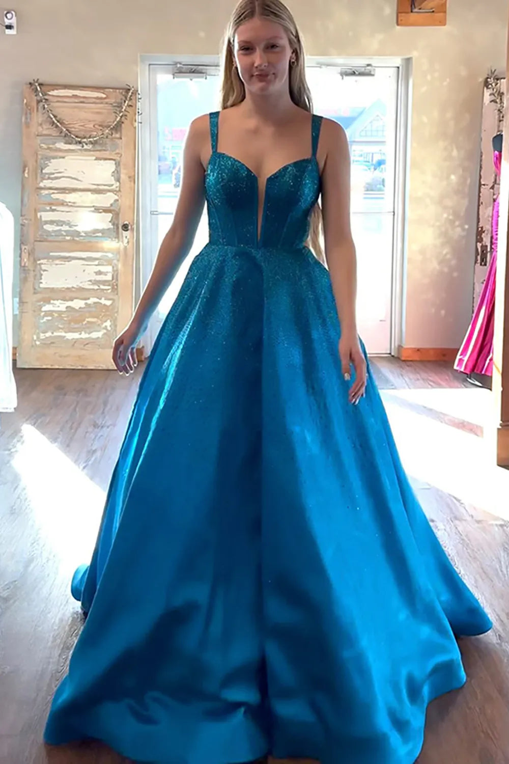Sparkly Red Square Neck A-Line Beaded Long Corset Prom Dress