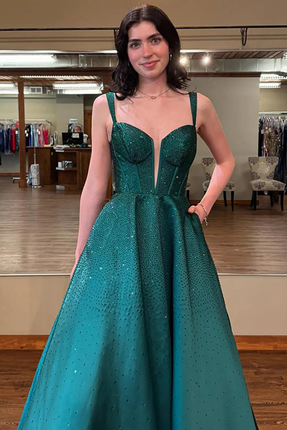 Sparkly Red Square Neck A-Line Beaded Long Corset Prom Dress
