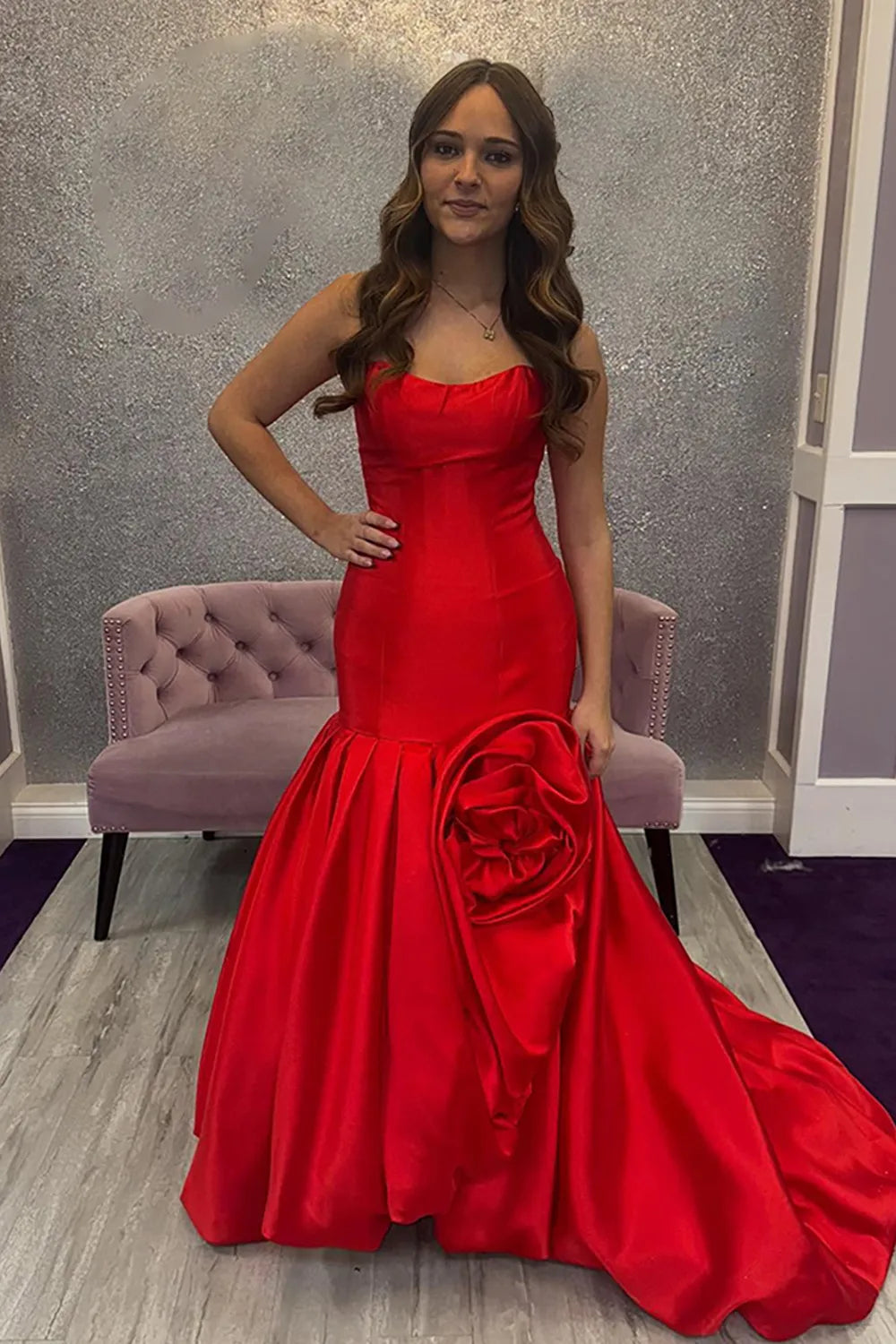Red Strapless Mermaid Satin Long Prom Dress with 3D Flower