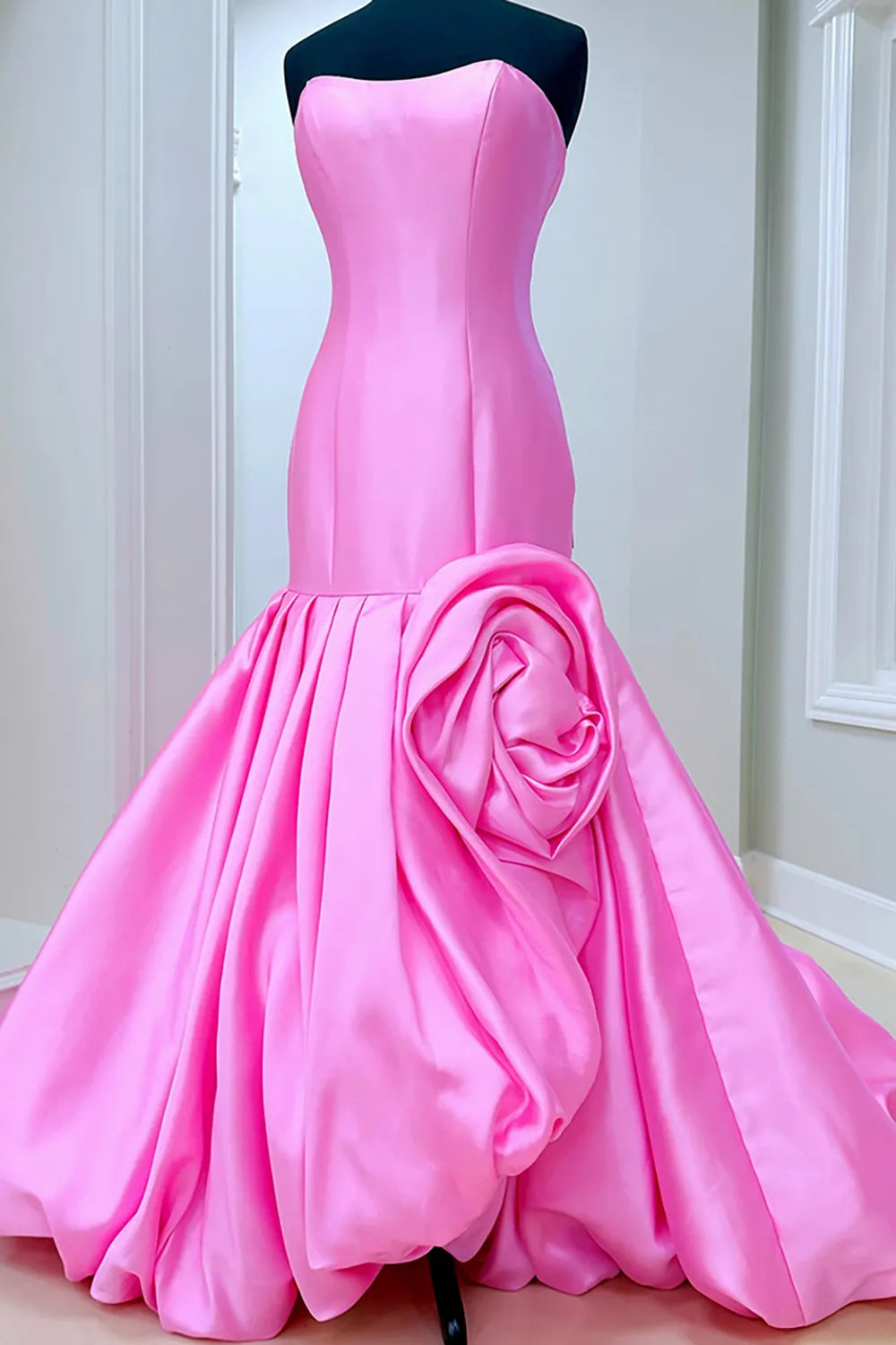 Red Strapless Mermaid Satin Long Prom Dress with 3D Flower