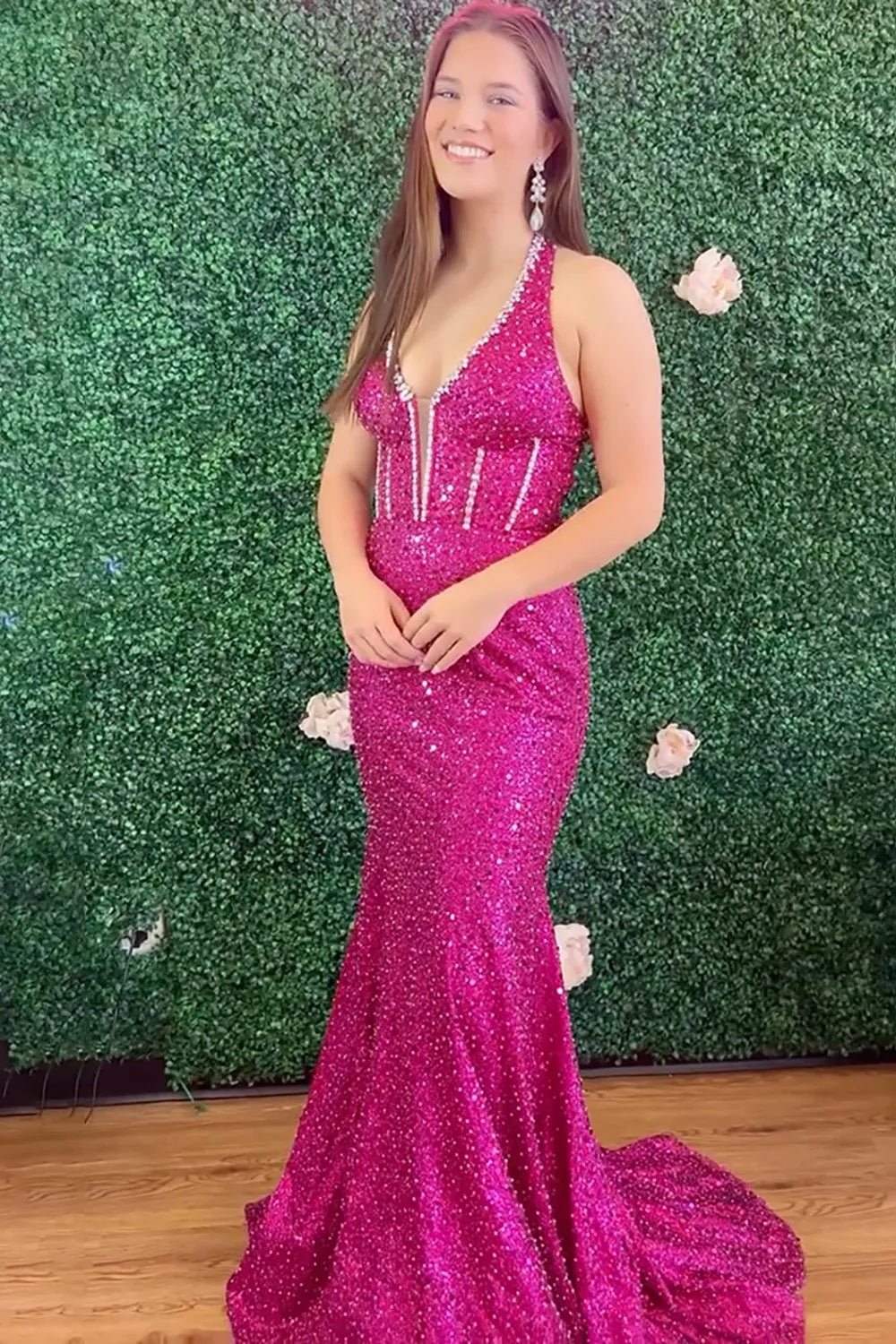 Sparkly Fuchsia Halter Sequin Mermaid Long Prom Dress with Beading