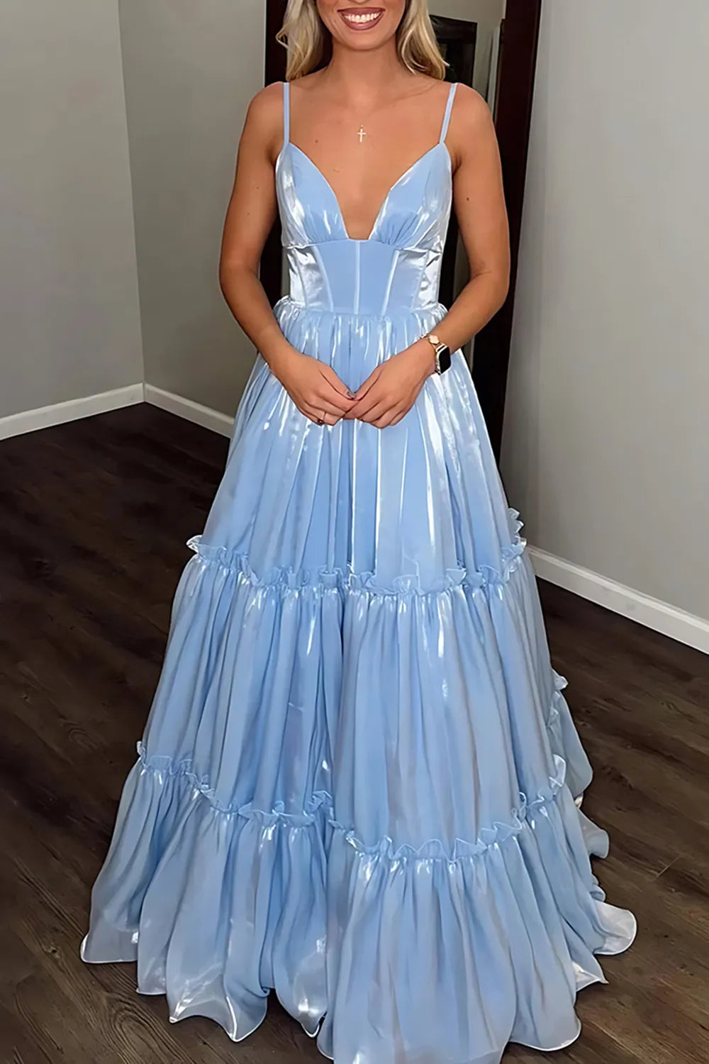 Blue Spaghetti Straps A-Line Long Corset Prom Dress