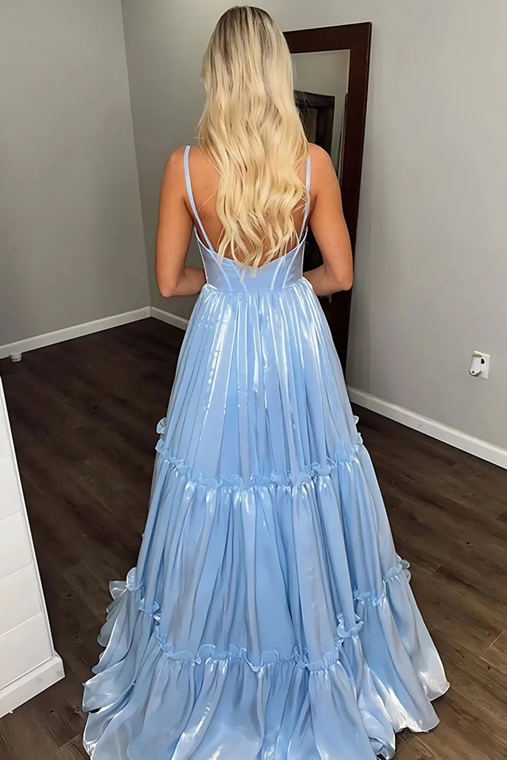 Blue Spaghetti Straps A-Line Long Corset Prom Dress