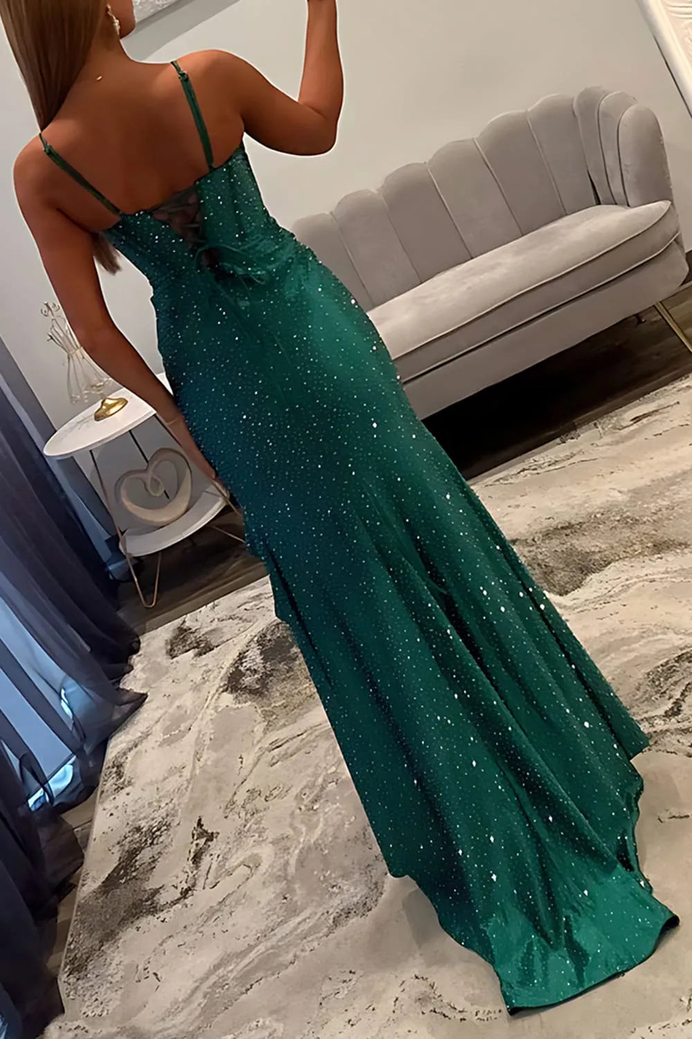 Emerald Green Spaghetti Straps Beaded Mermaid Long Prom Dress
