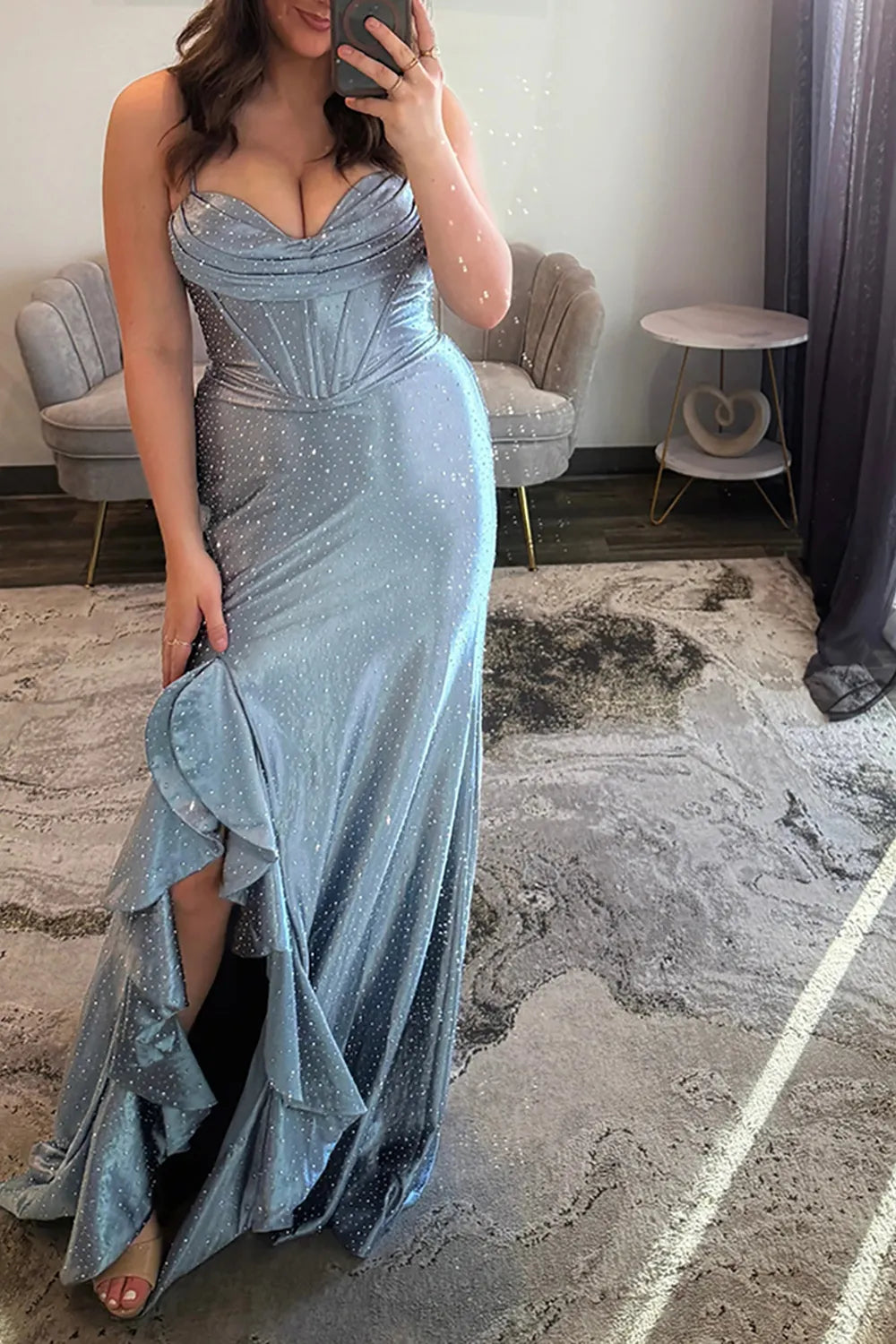 Emerald Green Spaghetti Straps Beaded Mermaid Long Prom Dress