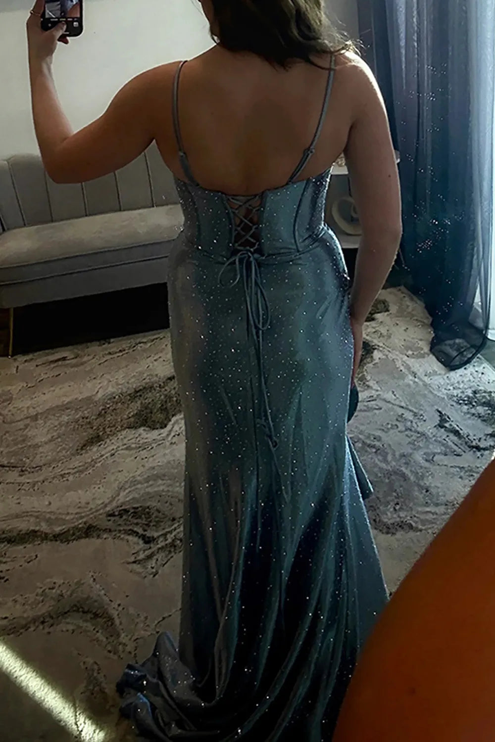 Emerald Green Spaghetti Straps Beaded Mermaid Long Prom Dress