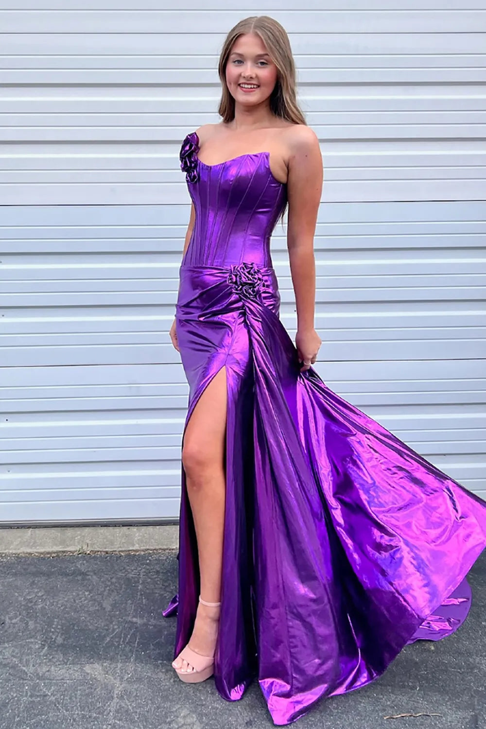 Purple Sweetheart Metallic Mermaid Long Prom Dress with 3D Flowers