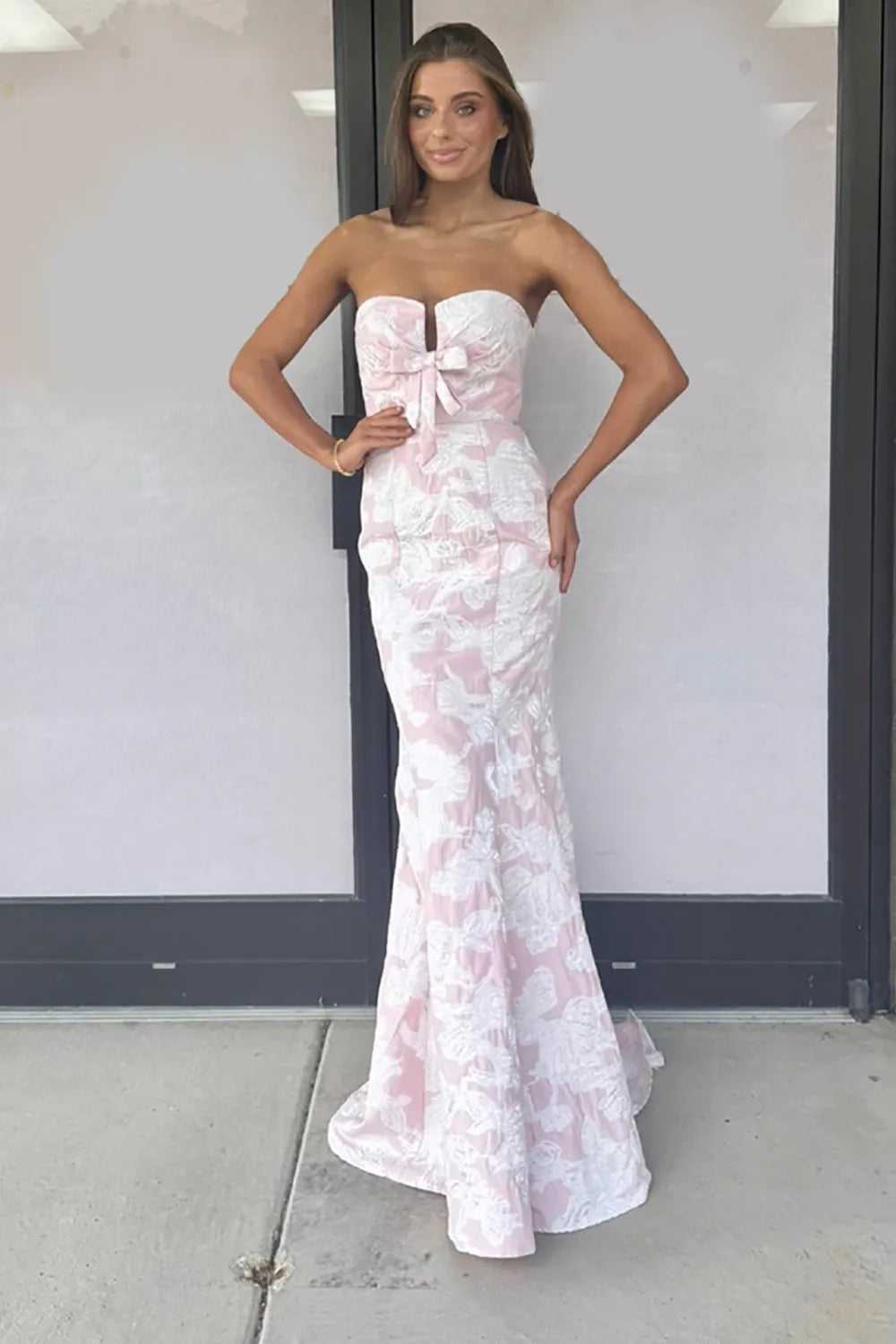 Pink Jacquard Floral Mermaid Long Prom Dress with Bow