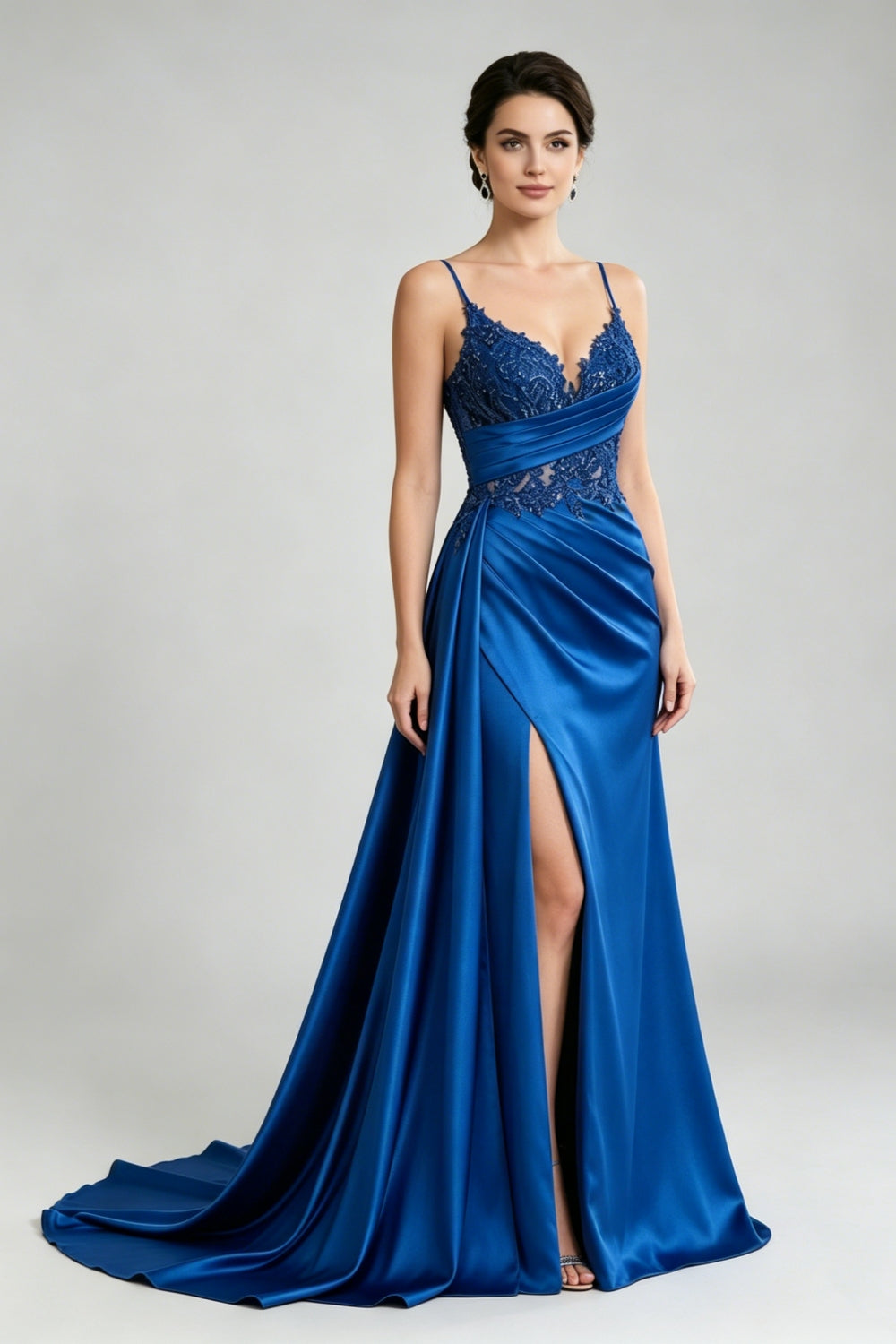 Royal Blue Spaghetti Straps Satin Mermaid Long Prom Dress with Appliques