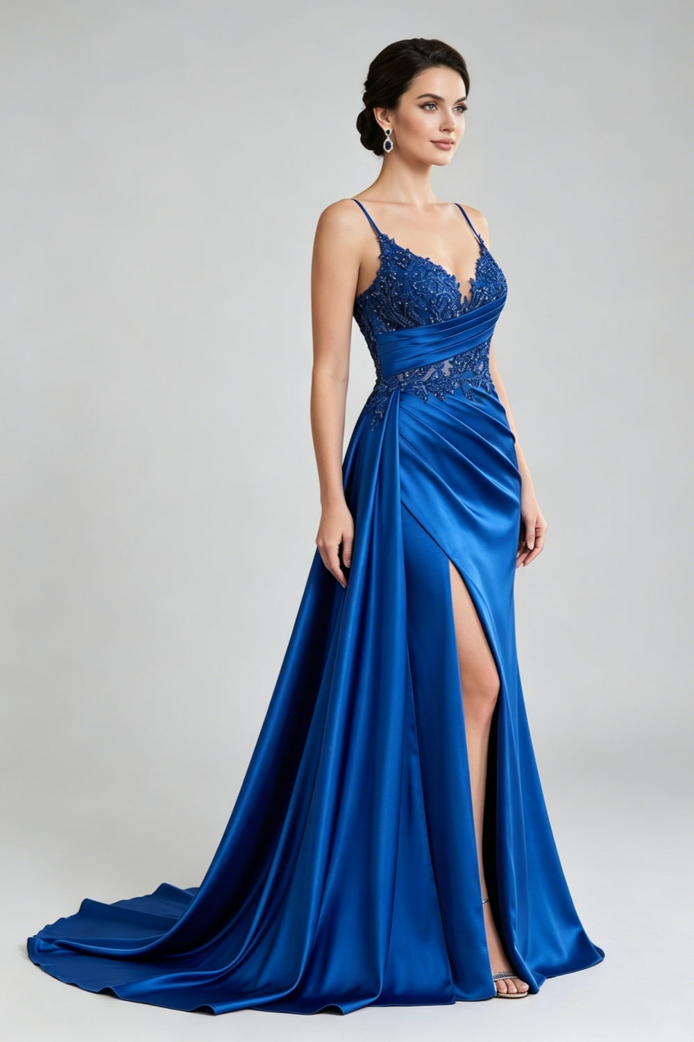 Royal Blue Spaghetti Straps Satin Mermaid Long Prom Dress with Appliques