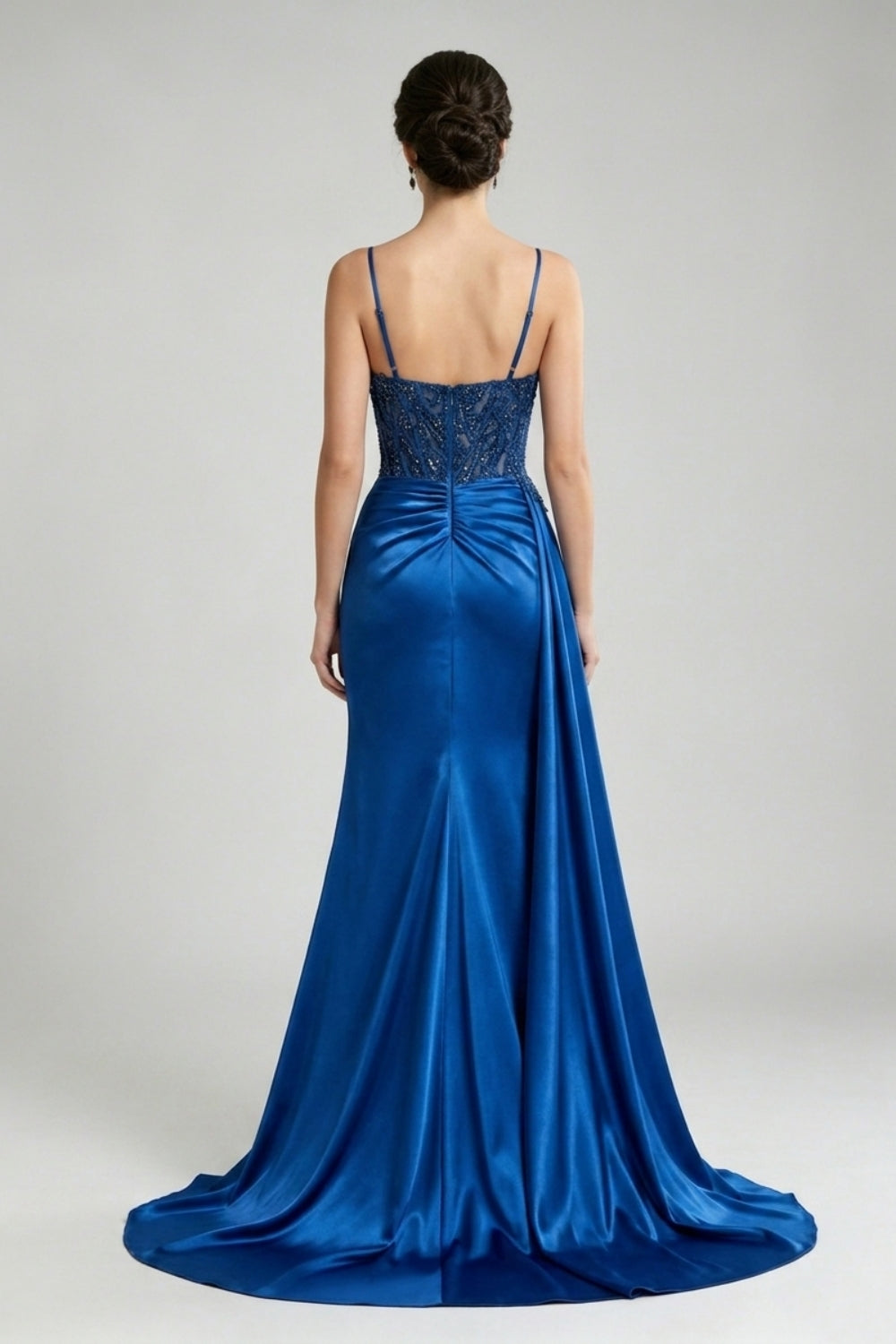 Royal Blue Spaghetti Straps Satin Mermaid Long Prom Dress with Appliques