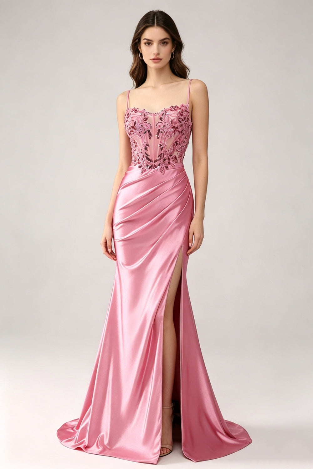 Sparkly Pink Spaghetti Straps Satin Mermaid Long Prom Dress with Appliques