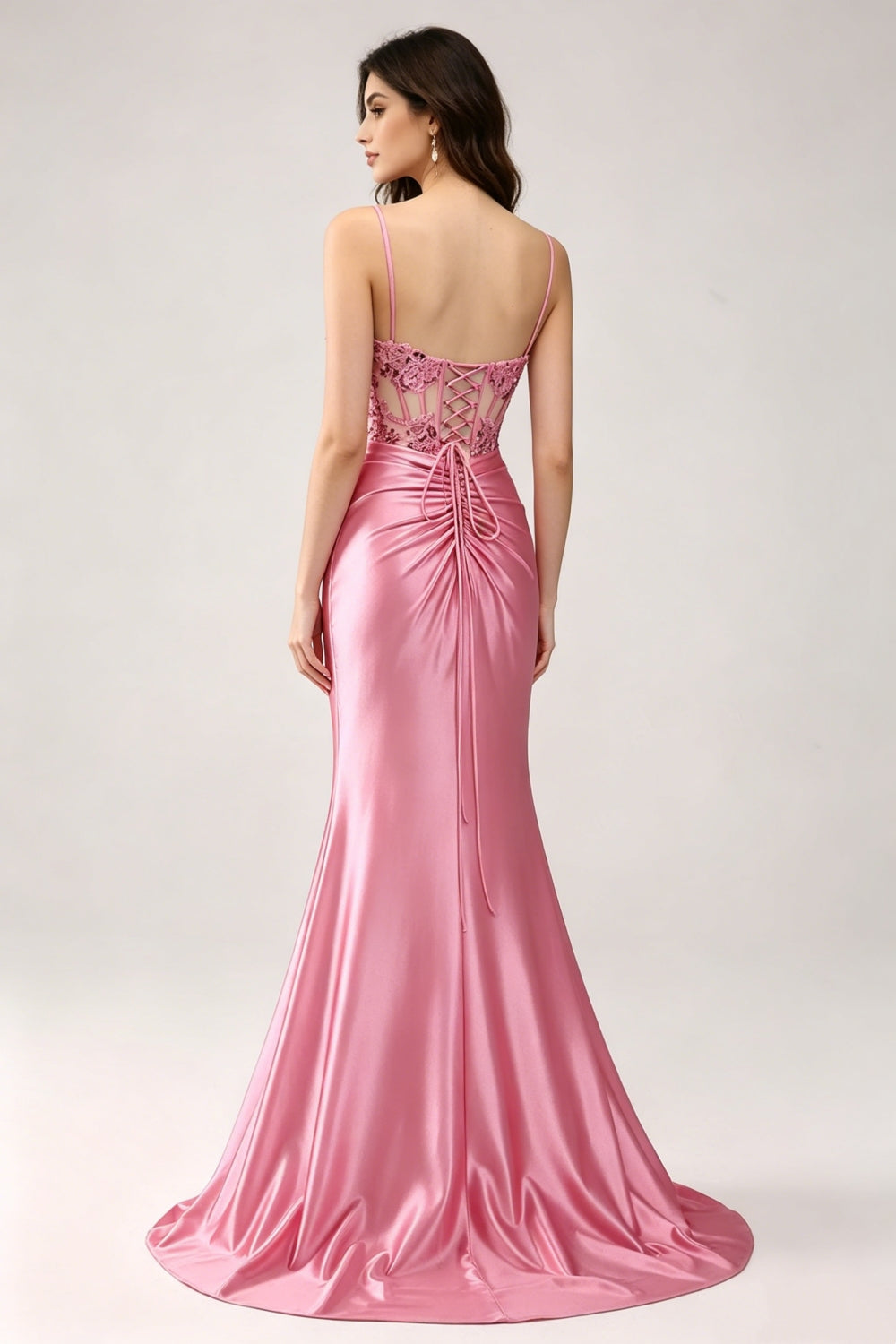 Sparkly Pink Spaghetti Straps Satin Mermaid Long Prom Dress with Appliques