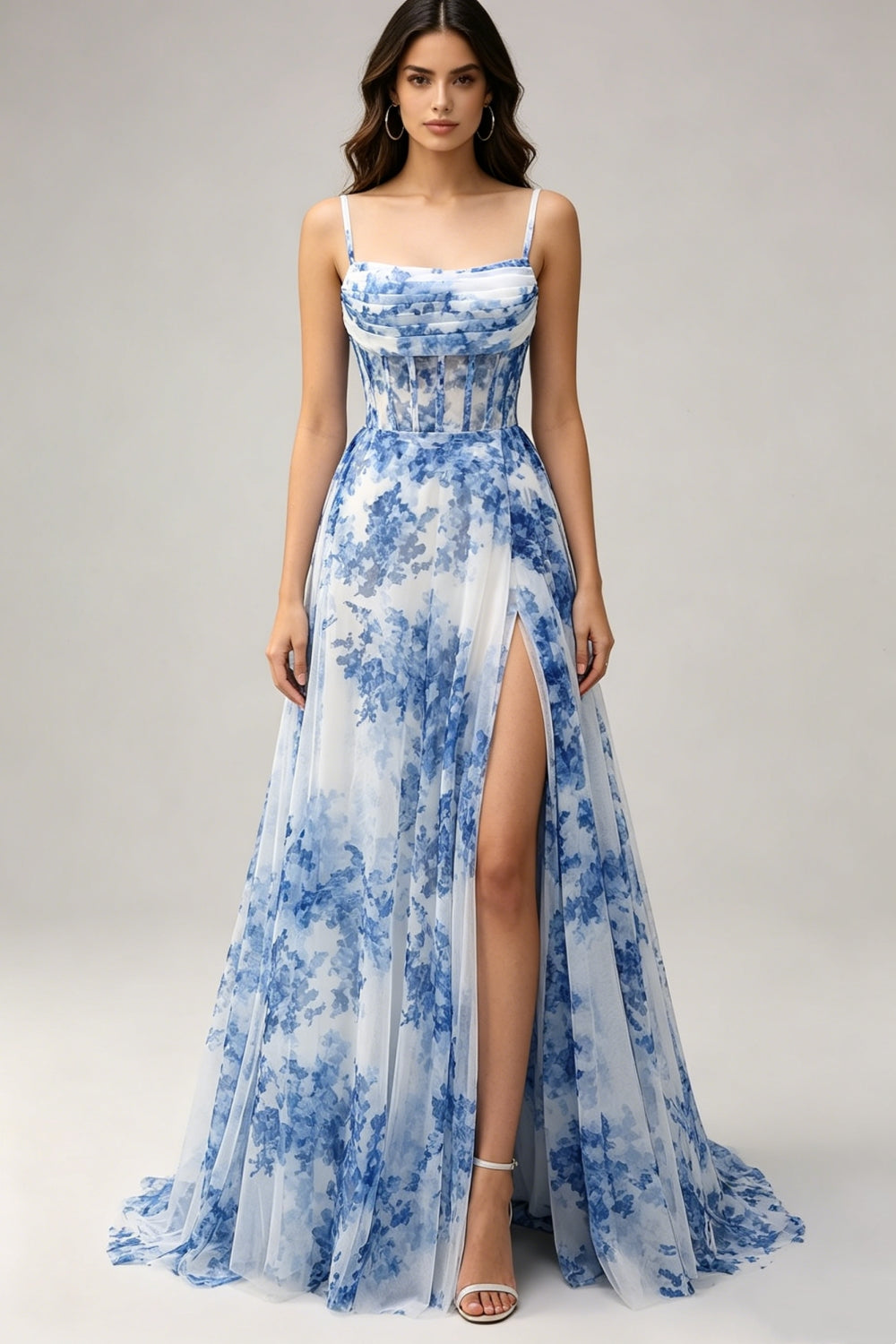 Blue Floral Spaghetti Straps Chiffon A-Line Long Corset Prom Dress