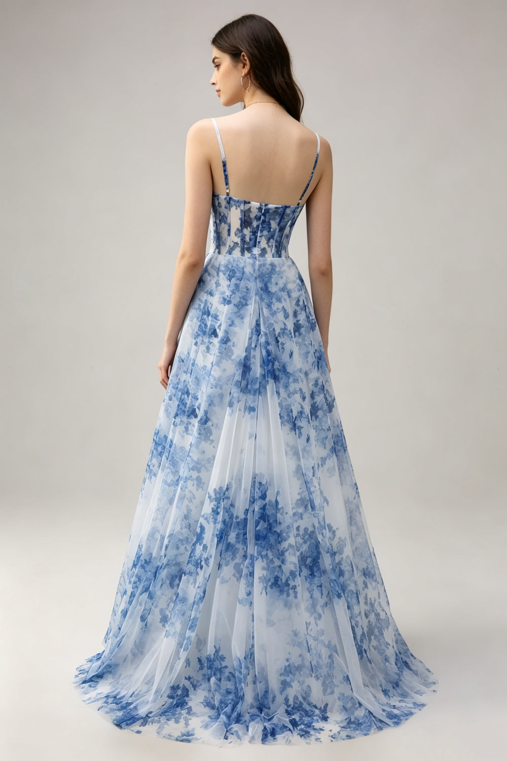 Blue Floral Spaghetti Straps Chiffon A-Line Long Corset Prom Dress