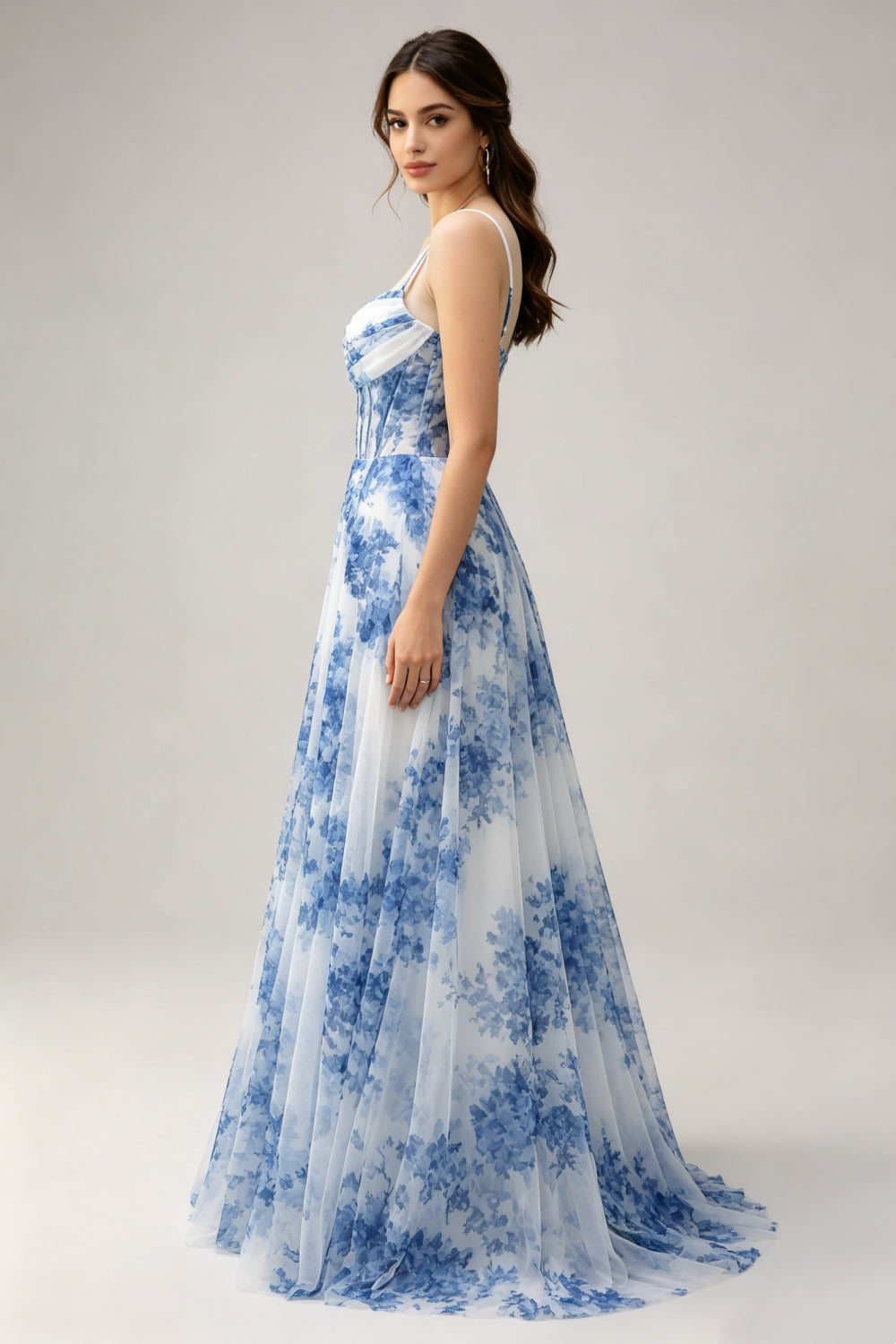Blue Floral Spaghetti Straps Chiffon A-Line Long Corset Prom Dress