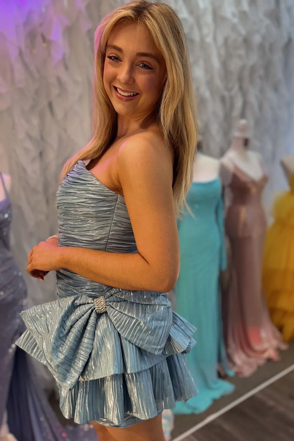 Strapless Ruched Metallic Homecoming Dress | A-Line Mini with Crystal Bow Party Gown