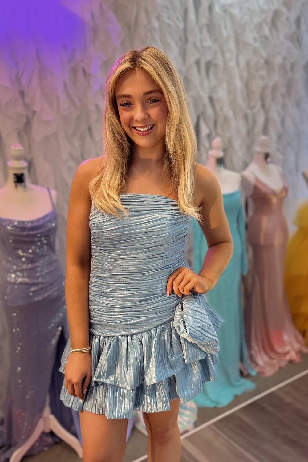 Strapless Ruched Metallic Homecoming Dress | A-Line Mini with Crystal Bow Party Gown