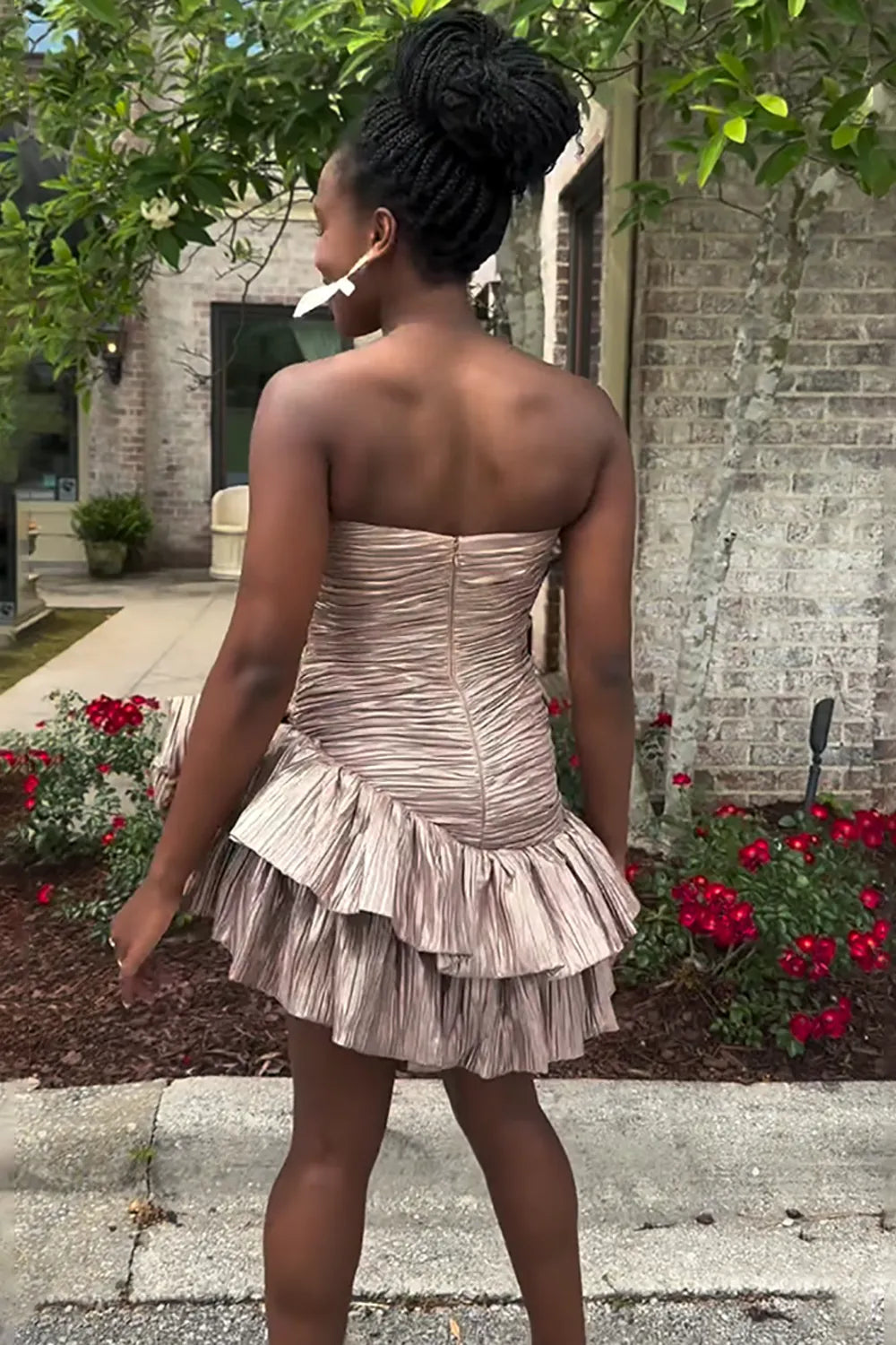 Strapless Ruched Metallic Homecoming Dress | A-Line Mini with Crystal Bow Party Gown