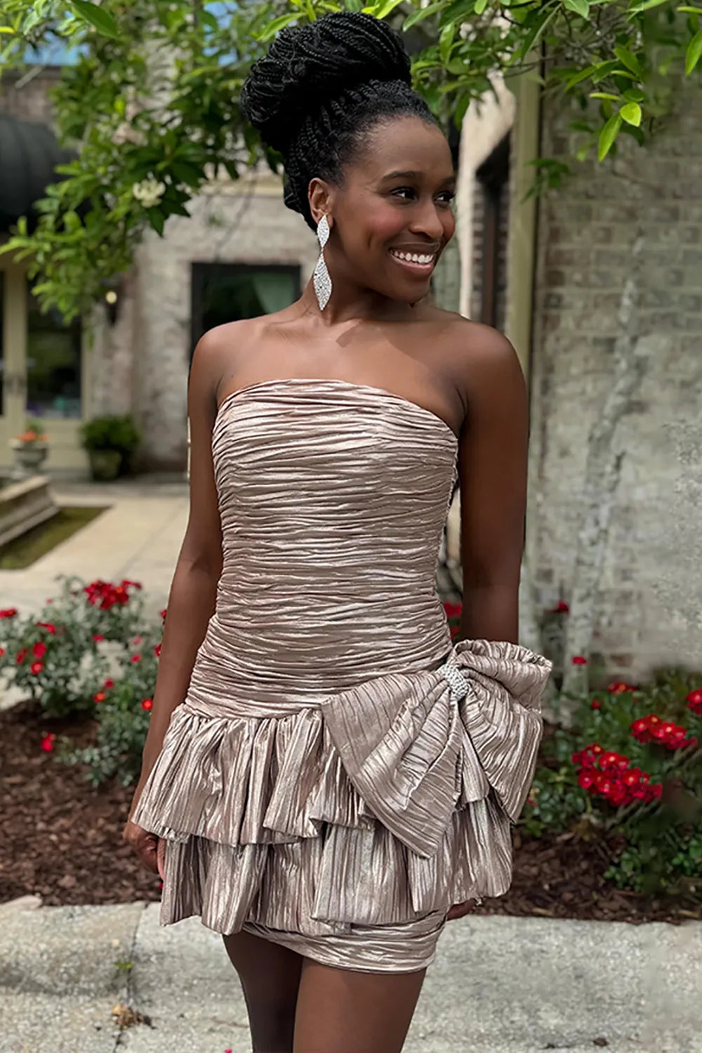 Strapless Ruched Metallic Homecoming Dress | A-Line Mini with Crystal Bow Party Gown