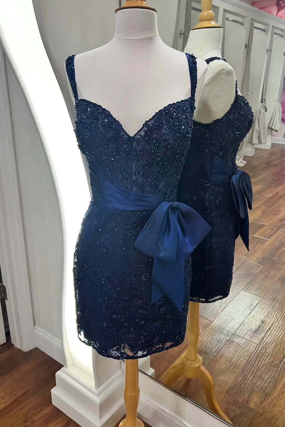 Sweetheart Sequin Lace Homecoming Dress | Corset Bodice with Satin Bow Mini Party Gown
