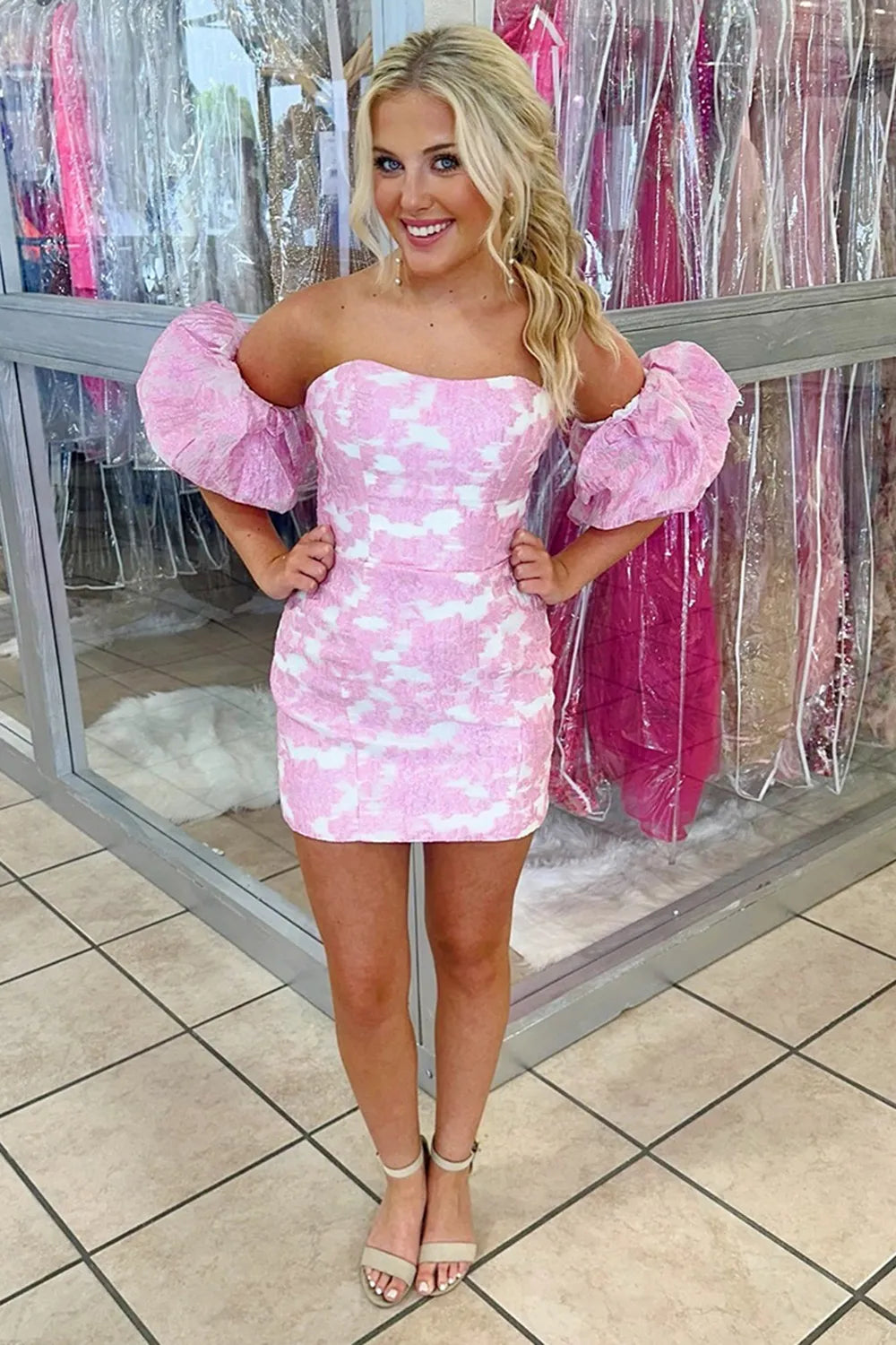 Off-the-Shoulder Puff Sleeve Homecoming Dress | Pink Jacquard Mini Party Gown