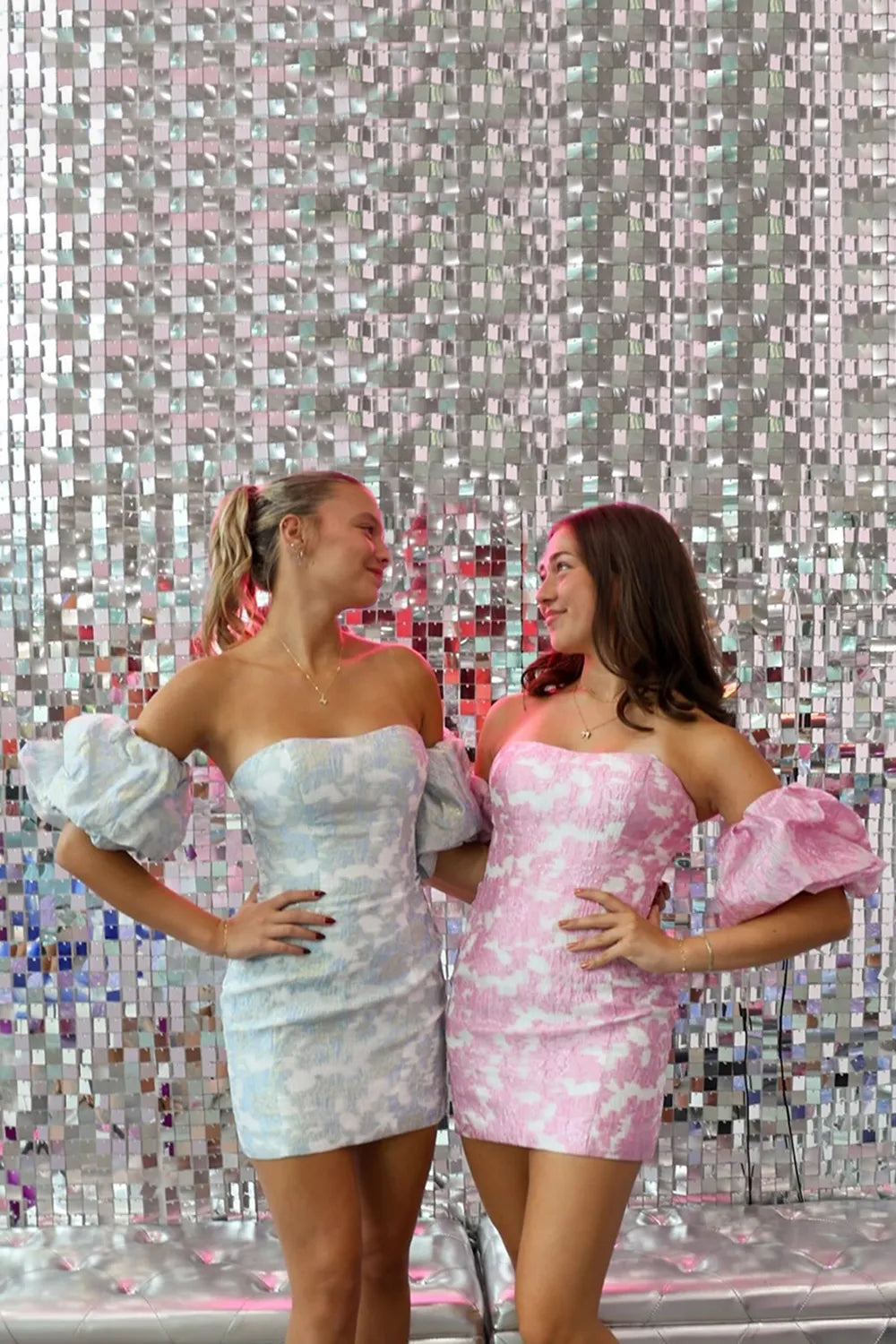 Off-the-Shoulder Puff Sleeve Homecoming Dress | Pink Jacquard Mini Party Gown