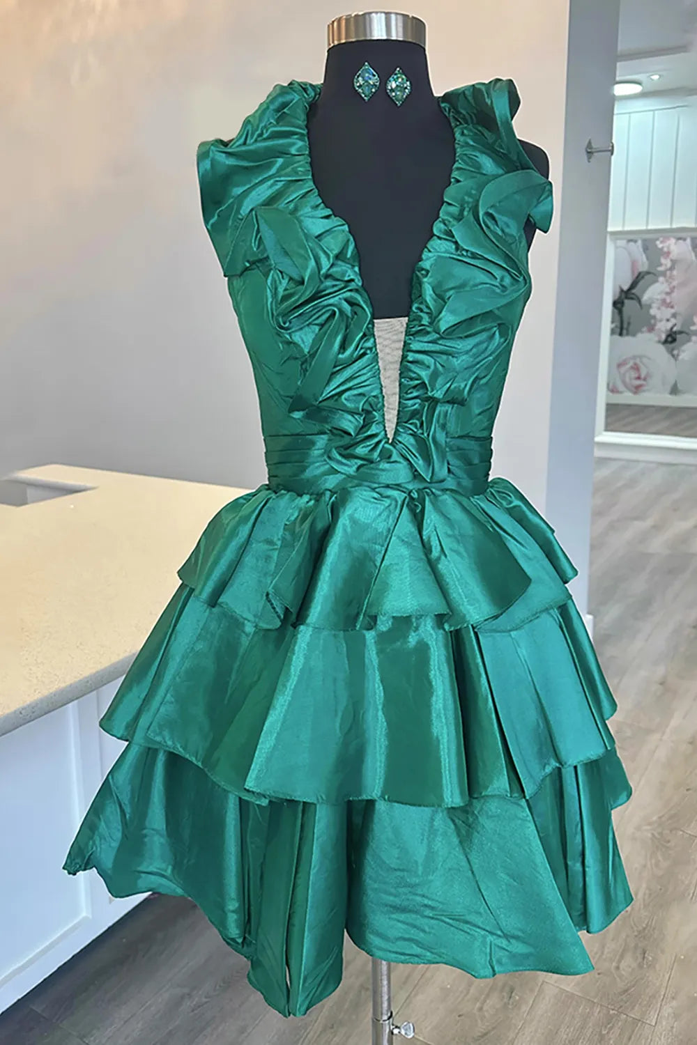 Halter Ruffle Homecoming Dress | Tiered A-Line Satin Mini Party Gown