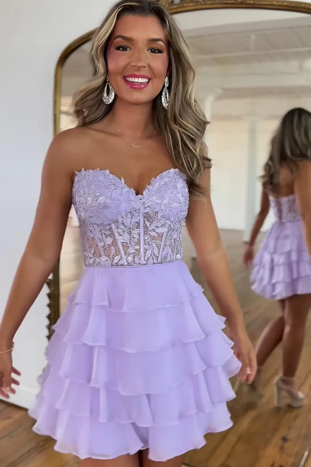 Strapless Lace Corset Homecoming Dress | Tiered Chiffon Ruffle Short Prom Gown