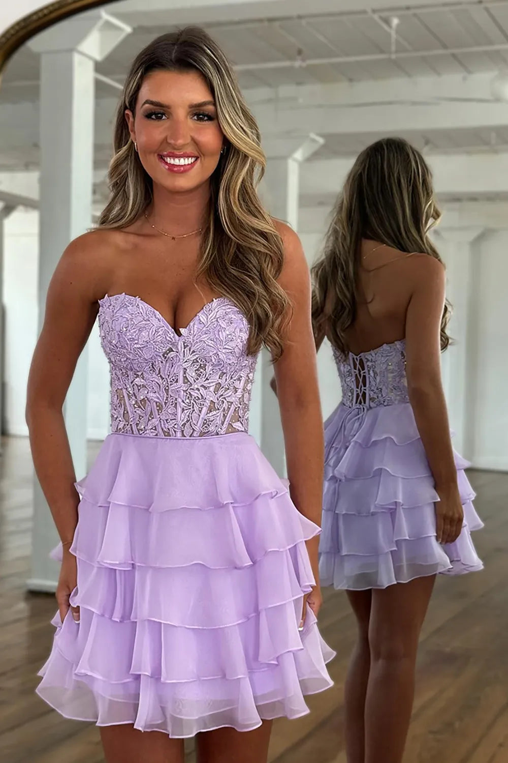 Strapless Lace Corset Homecoming Dress | Tiered Chiffon Ruffle Short Prom Gown