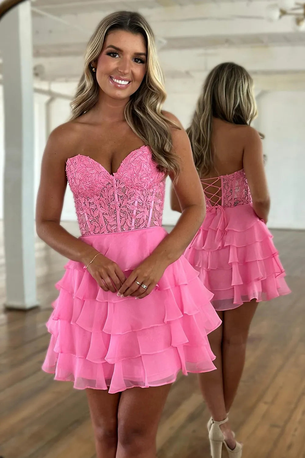 Strapless Lace Corset Homecoming Dress | Tiered Chiffon Ruffle Short Prom Gown