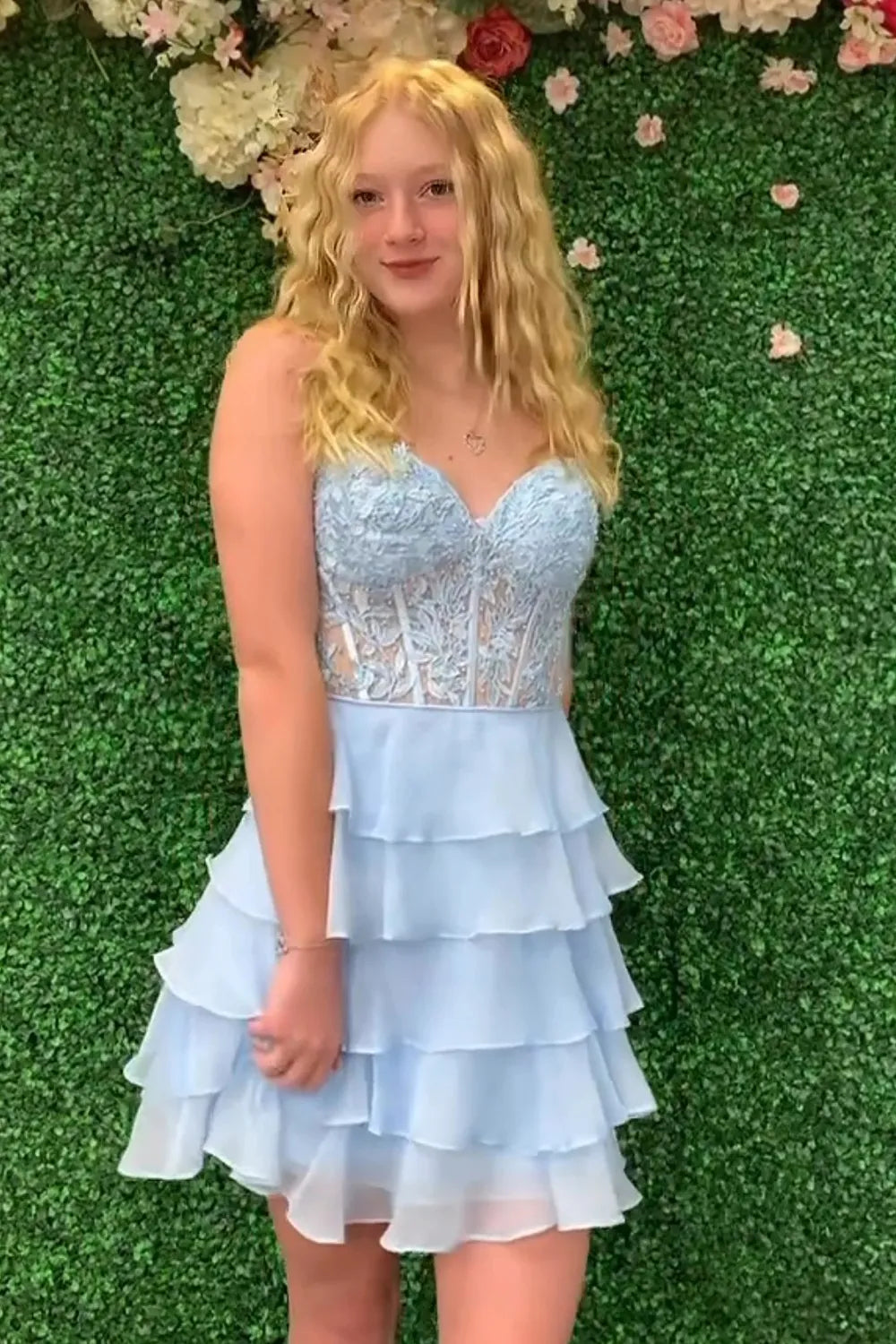 Strapless Lace Corset Homecoming Dress | Tiered Chiffon Ruffle Short Prom Gown