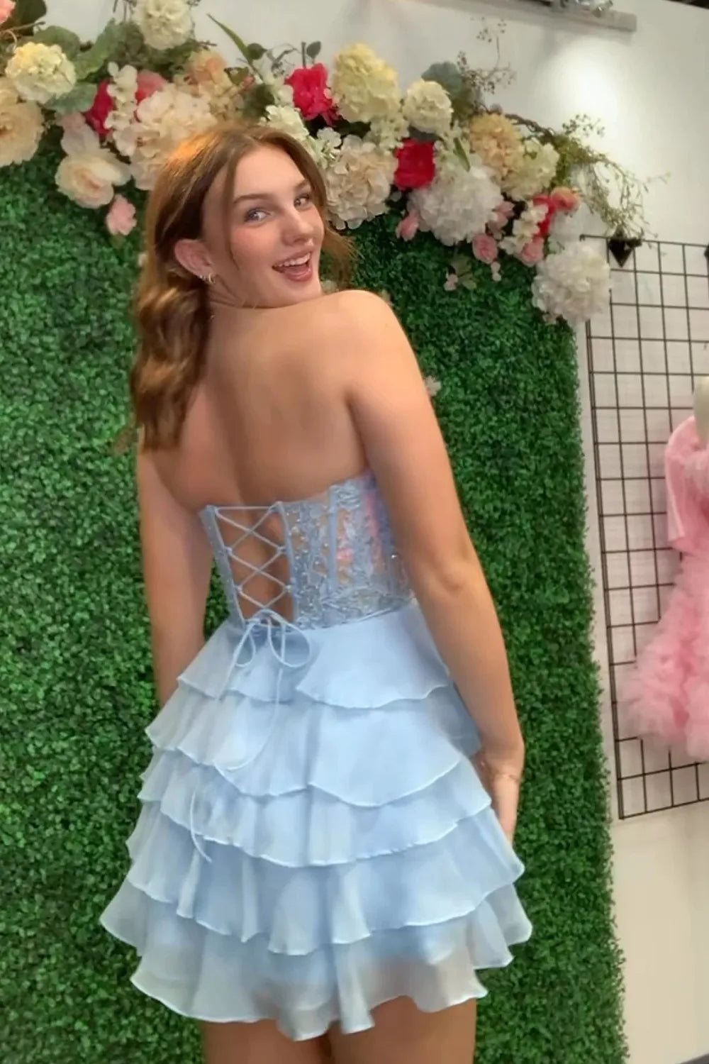 Strapless Lace Corset Homecoming Dress | Tiered Chiffon Ruffle Short Prom Gown