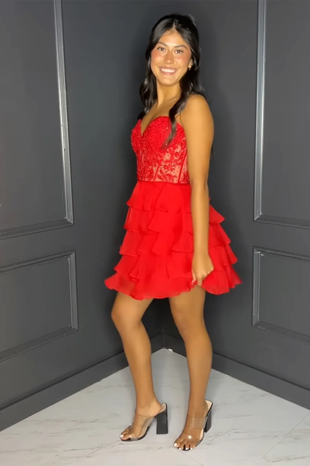 Strapless Lace Corset Homecoming Dress | Tiered Chiffon Ruffle Short Prom Gown