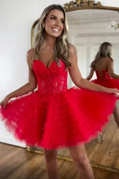 Strapless Lace-Up Homecoming Dress | Tiered Ruffled Tulle Mini Party Gown