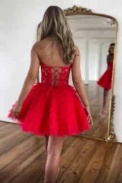 Strapless Lace-Up Homecoming Dress | Tiered Ruffled Tulle Mini Party Gown