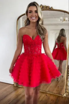 Strapless Lace-Up Homecoming Dress | Tiered Ruffled Tulle Mini Party Gown