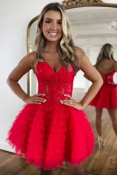 Strapless Lace-Up Homecoming Dress | Tiered Ruffled Tulle Mini Party Gown