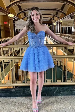 Strapless Lace-Up Homecoming Dress | Tiered Ruffled Tulle Mini Party Gown