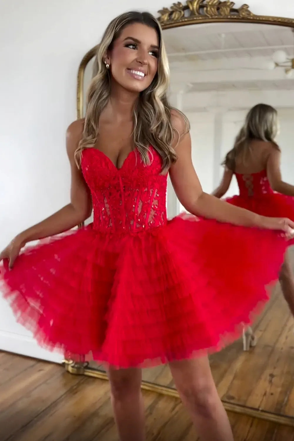 Strapless Lace-Up Homecoming Dress | Tiered Ruffled Tulle Mini Party Gown