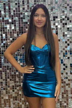 Metallic  Strapless Corset Homecoming Dress | Ruched Bodycon Mini Party Gown