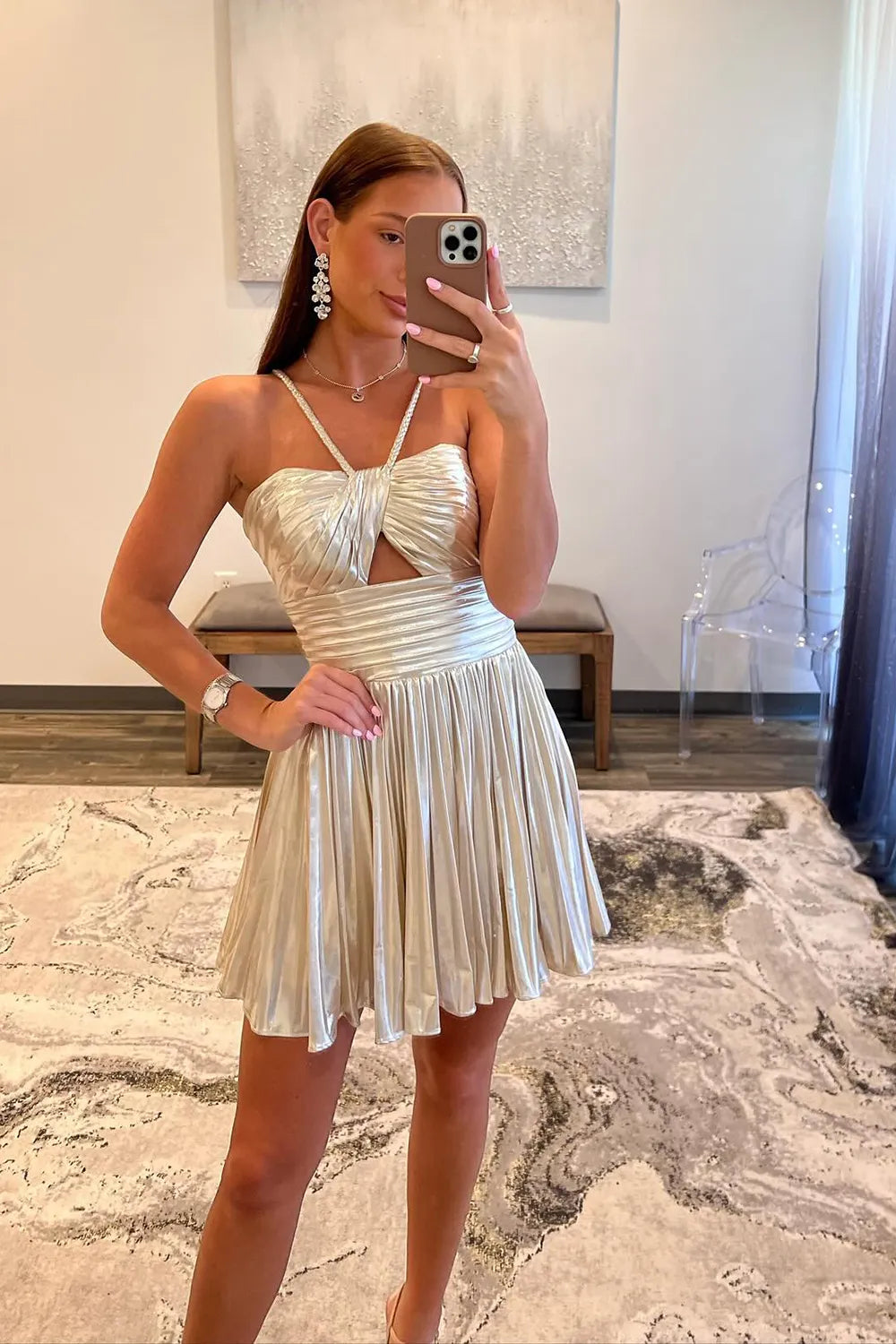 Metallic Homecoming Dress | Cutout Pleated A-Line Short Prom Gown